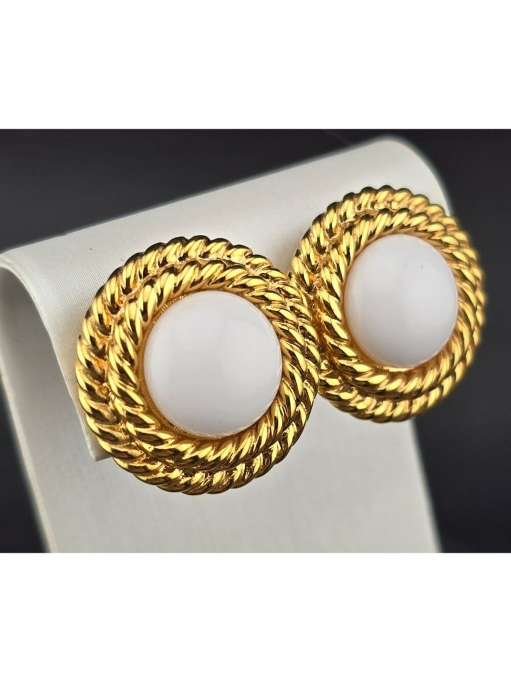 Vintage Napier Gold Tone Rope White Cabochon Pierced Earrings - Picture 3 of 9